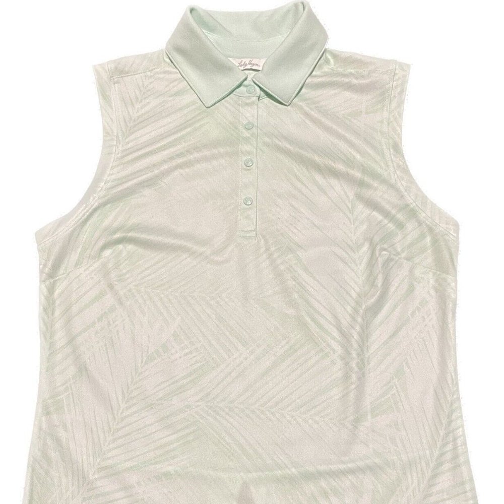 Lady Hagen Womens Sleeveless Golf Polo Shirt XS Mint Palm Printed Back Slit